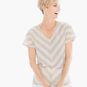 Chicos Gleaming Gold Metallic Stripe Vneck Tee NWT